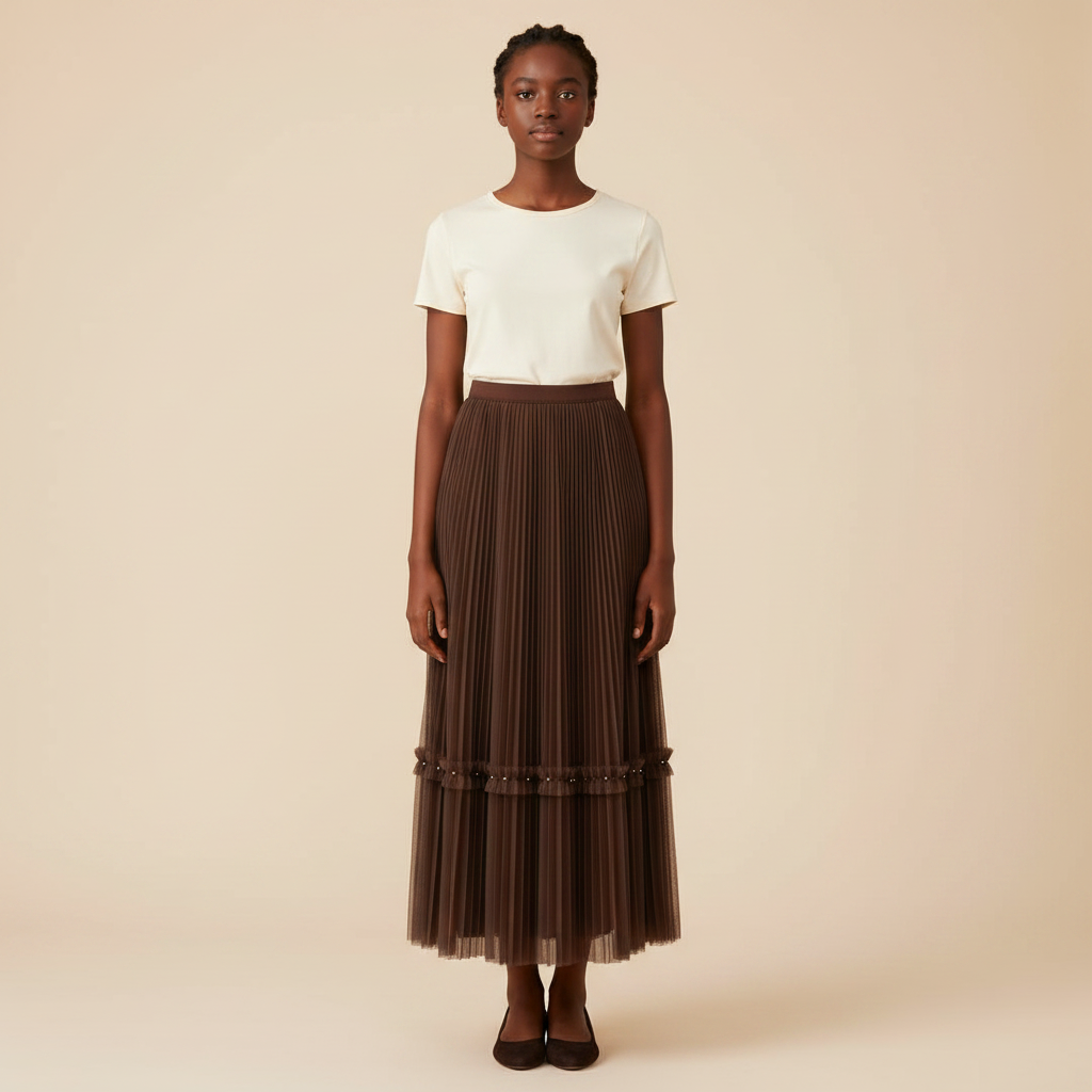 Nigerian girl wearing chocolate brown pleated midi skirt - front view