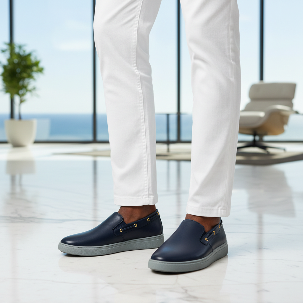 Navy Blue Gold Eyelet Slip-On Loafer - Model Shot