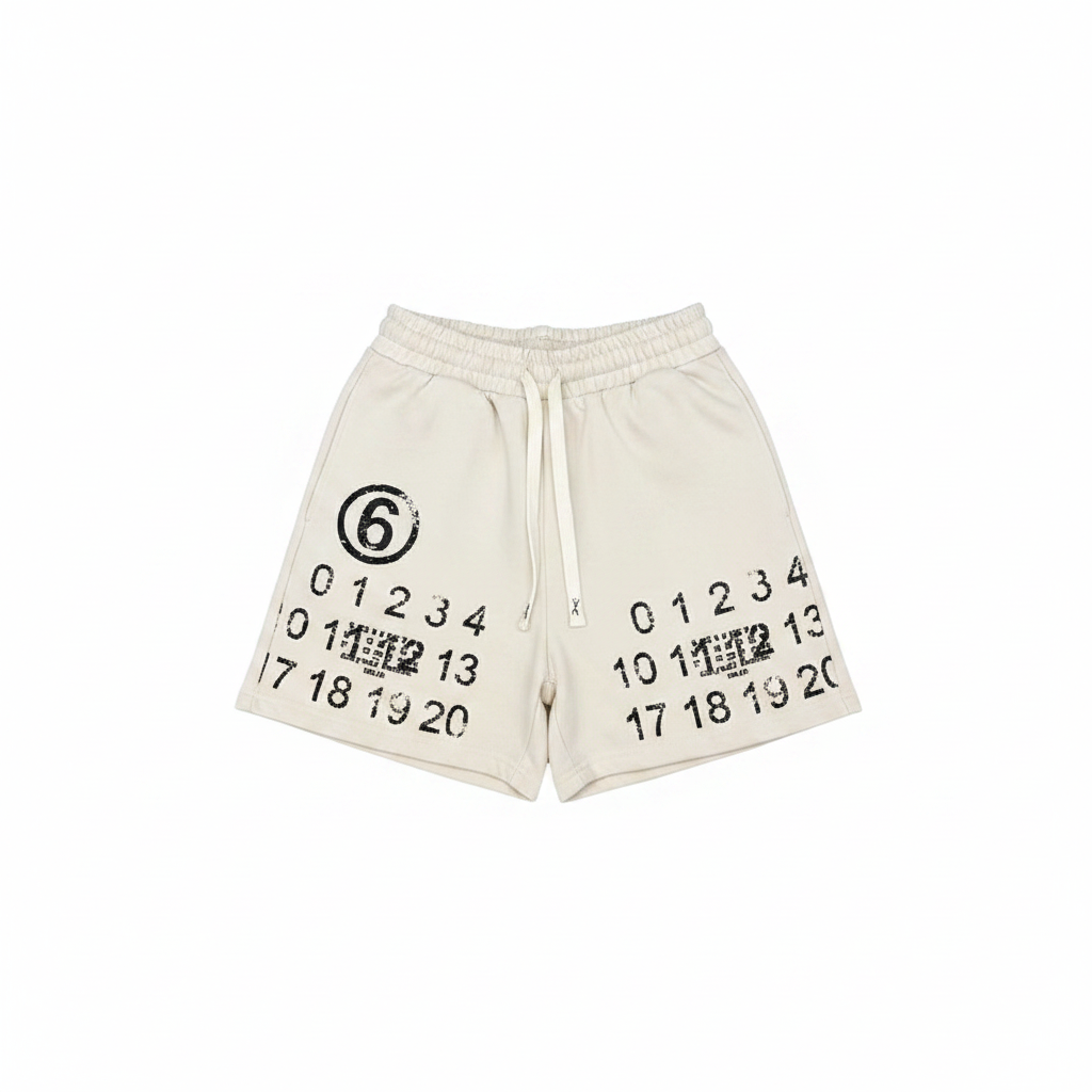 Ghost mannequin front view of cream off-white fleece drawstring shorts with black number digit all-over print