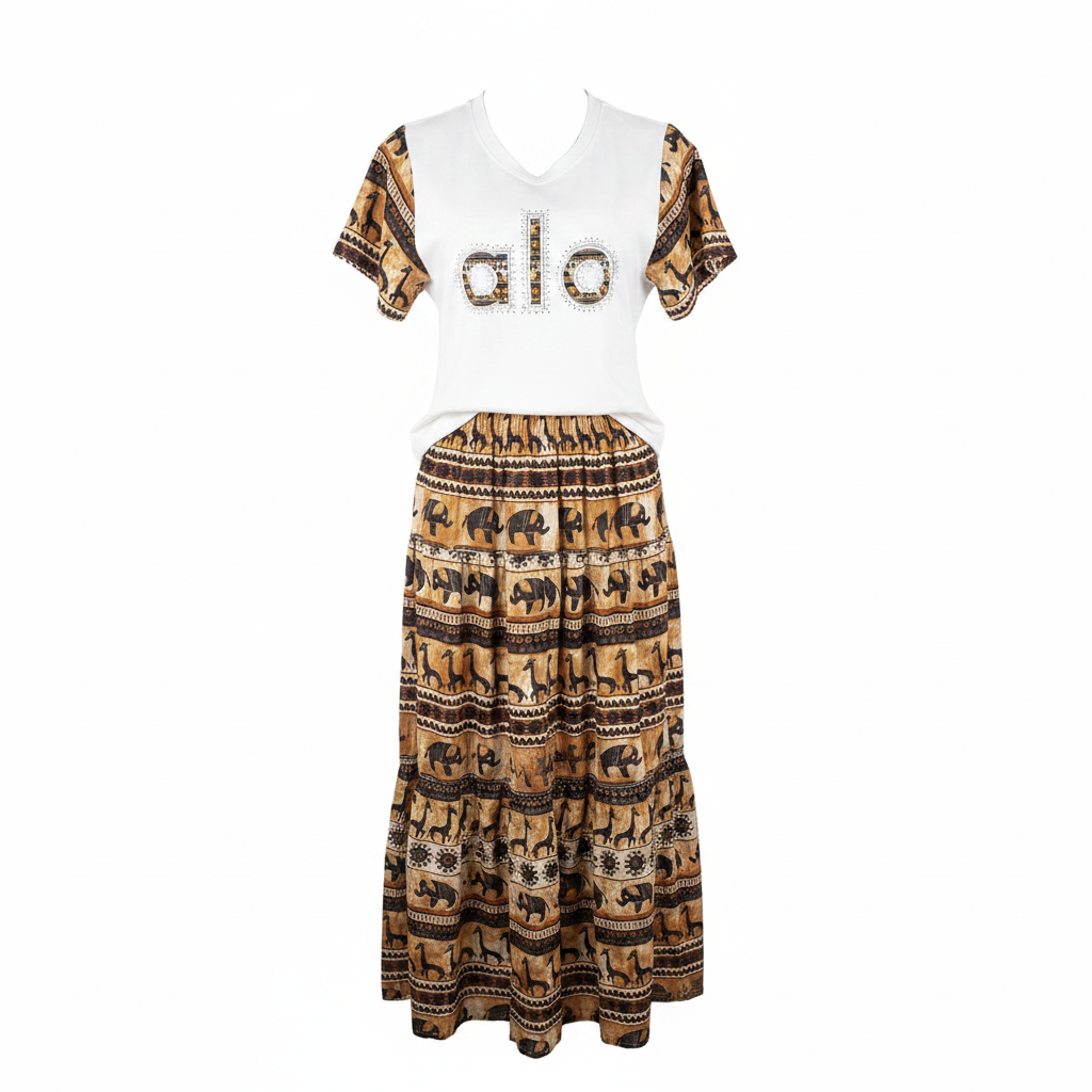 Ghost mannequin front view of white muscle tank and African print maxi skirt set - corrected