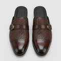 Men's brown woven-textured backless mules with buckle, front view