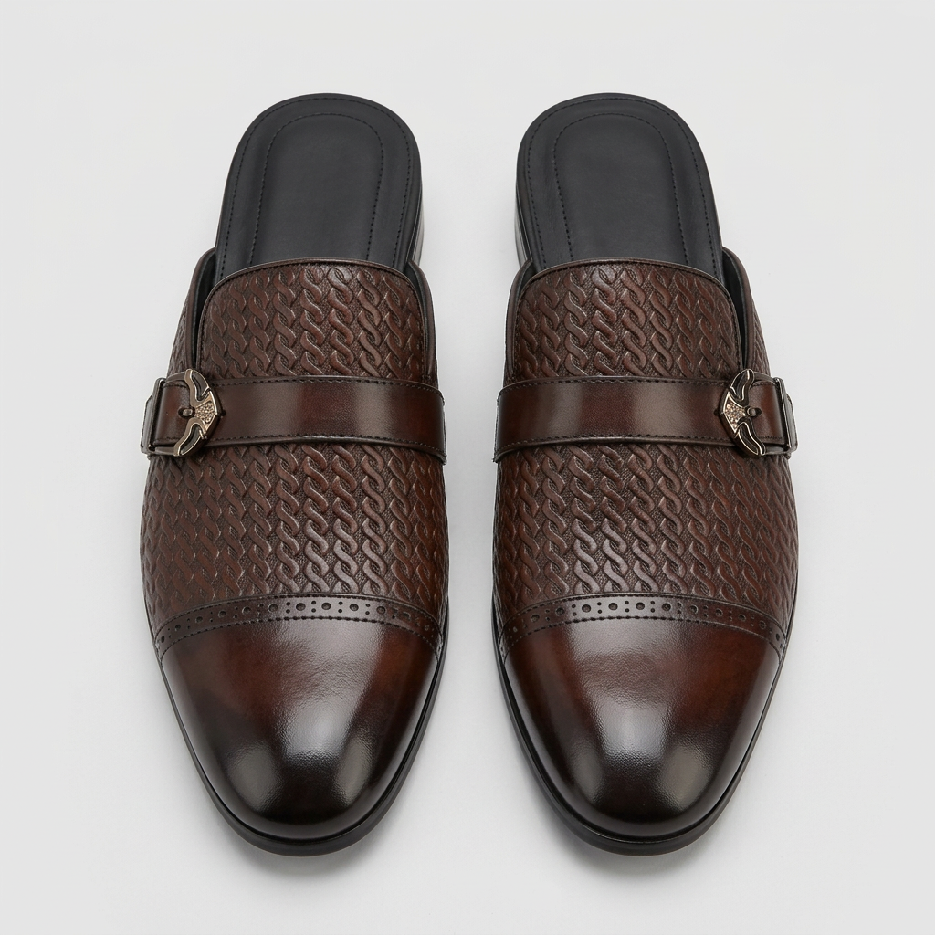Men's brown woven-textured backless mules with buckle, front view