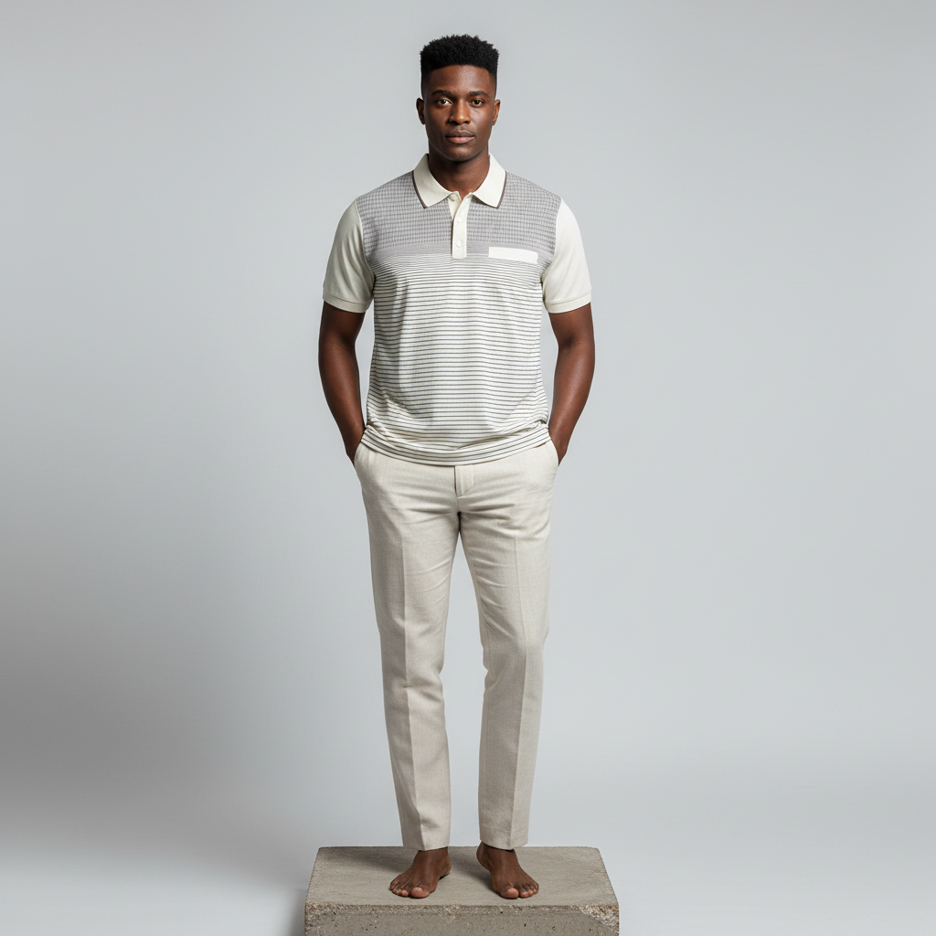 Cream Jacquard Yoke Pinstripe Polo Shirt - Model Front