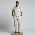 Cream Jacquard Yoke Pinstripe Polo Shirt - Model Front