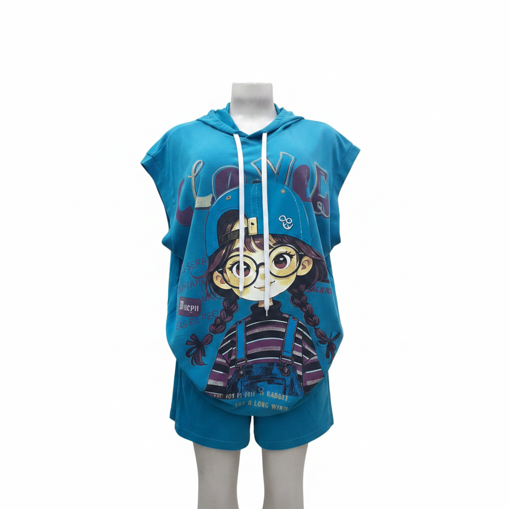 Teal Cartoon Graphic Hoodie & Shorts Set - Ghost Mannequin Front