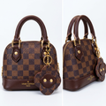 AI-generated front and angled catalog views of a brown checkerboard dome handbag with flower pouch