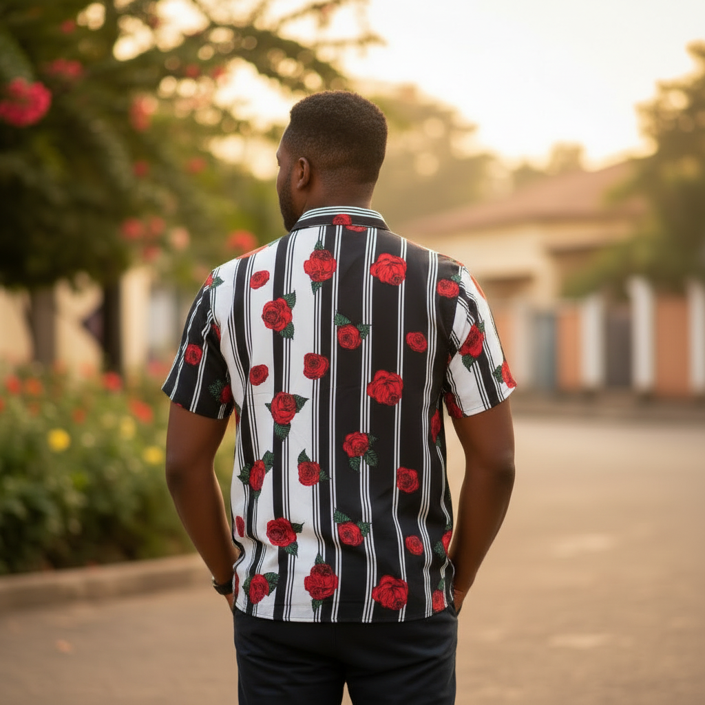 Nigerian male model wearing Rose Stripe Shirt back view