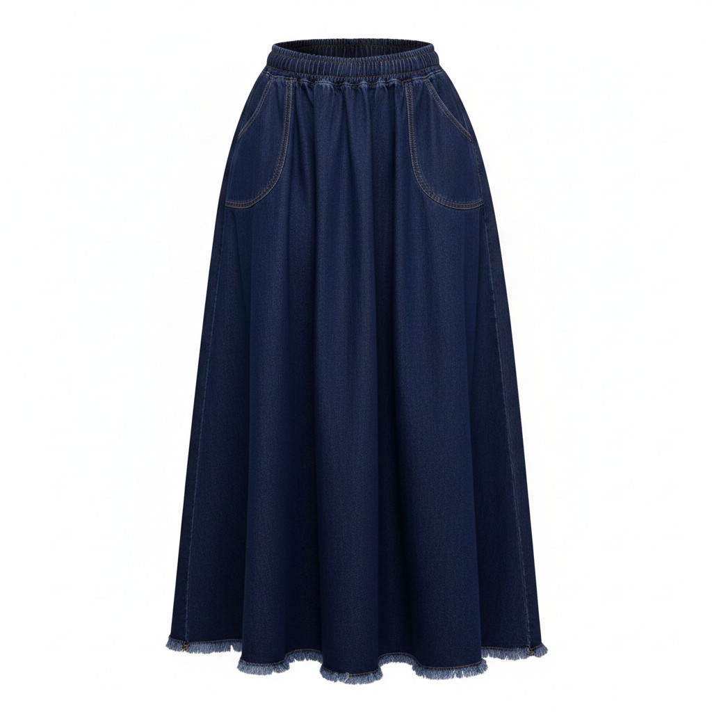 Women's dark navy denim drawstring maxi skirt ghost mannequin front view