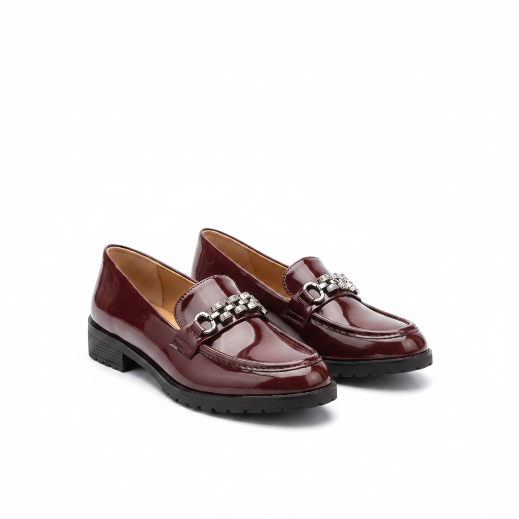Layinka Store Burgundy Patent Rhinestone Loafers – Catalog Shot