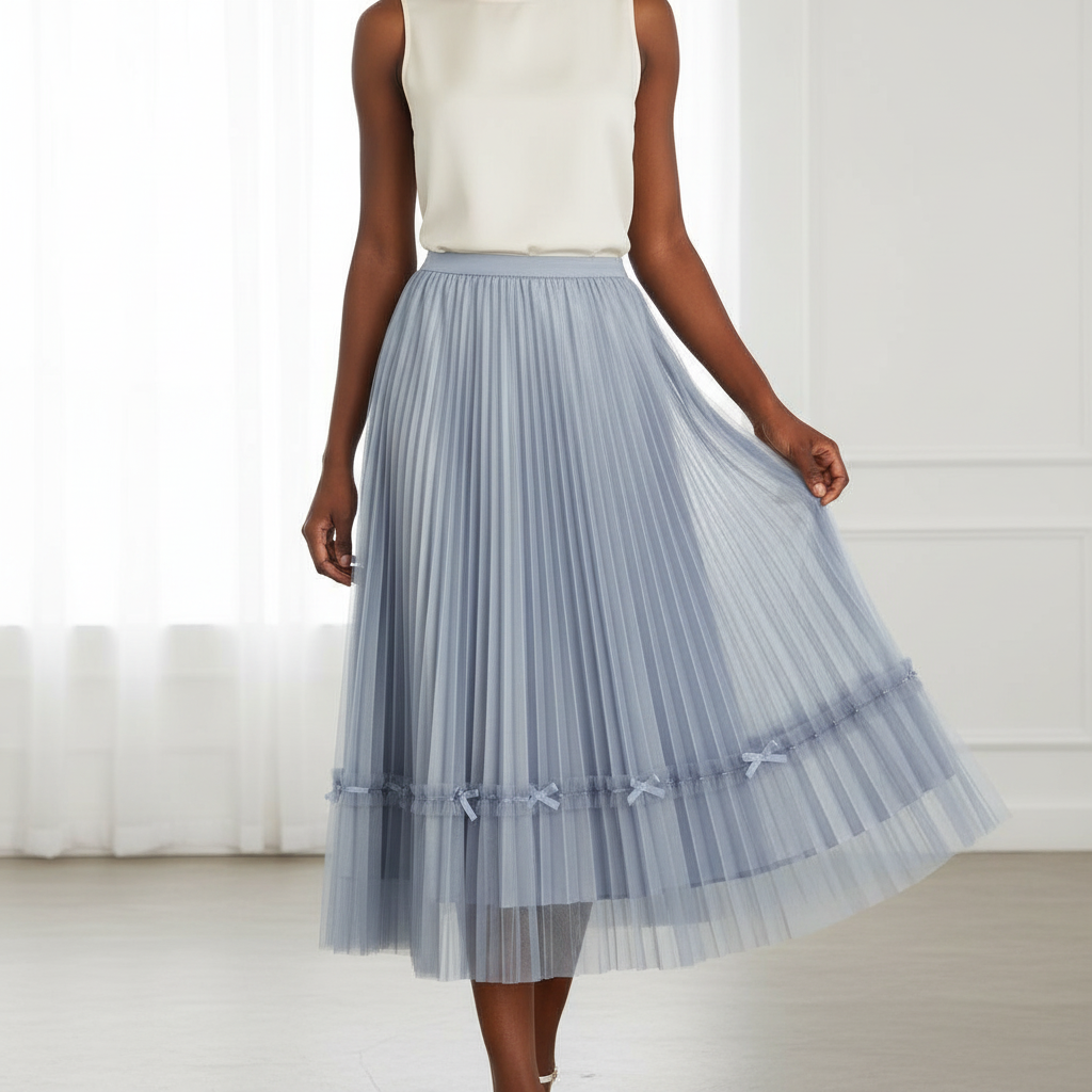 Nigerian model wearing dusty blue bow tulle pleated skirt