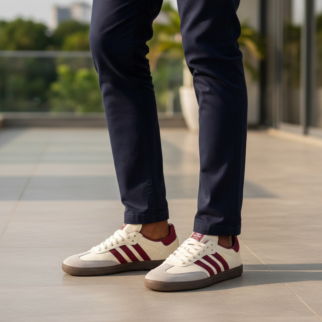 Nigerian male model wearing Adidas Samba cream and burgundy sneakers, tight zoomed-in leg focus lifestyle shot