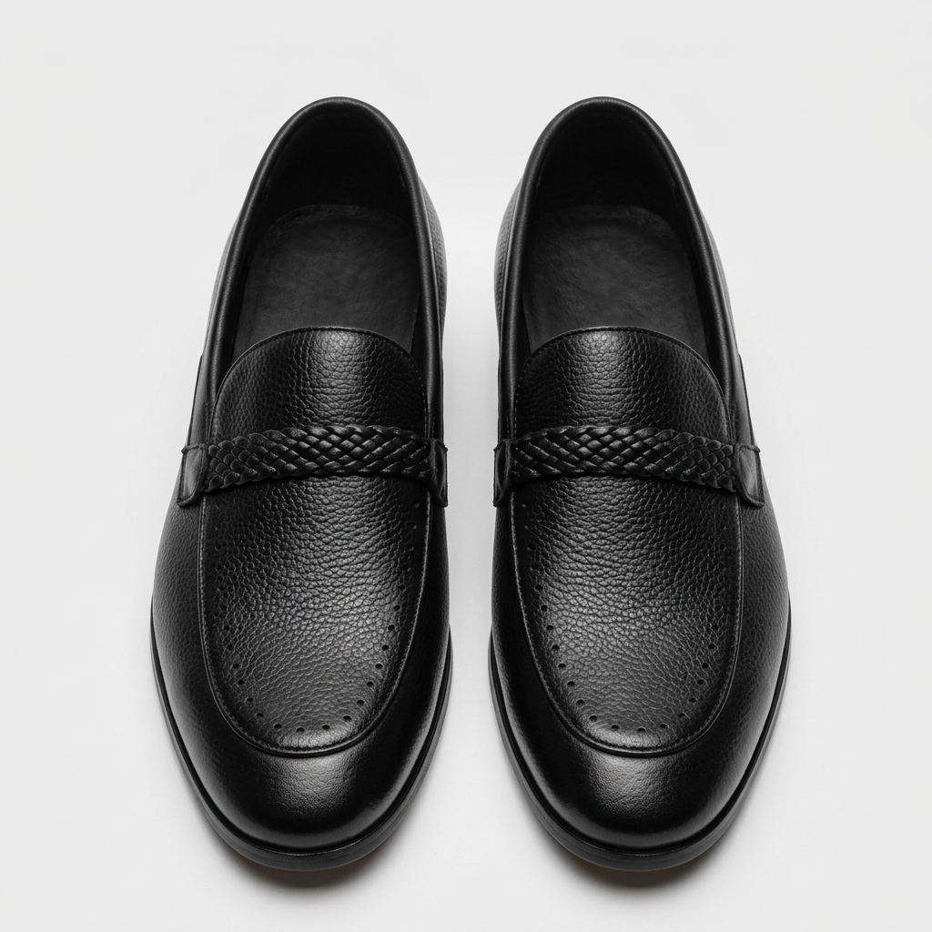 Men's black pebbled leather loafers with braided trim, front view