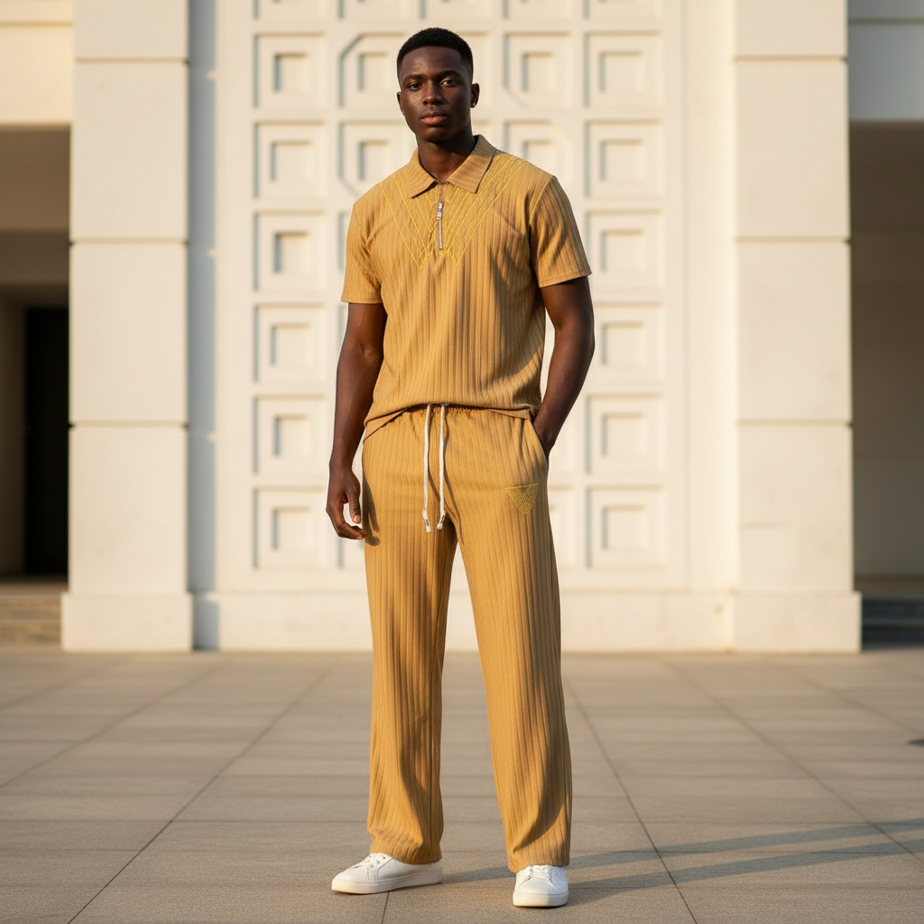 Male model wearing mustard gold chevron ribbed polo and trouser two-piece set
