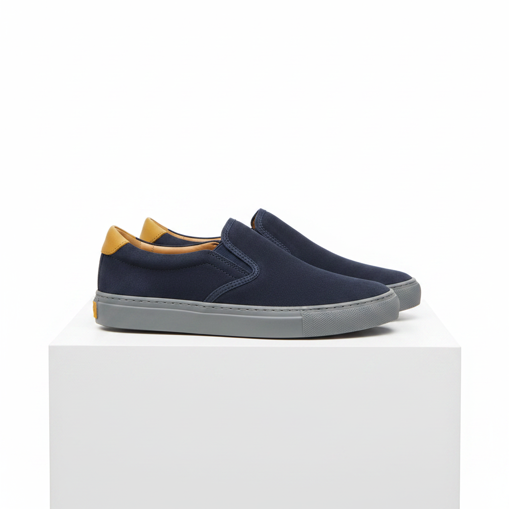 Men's navy blue suede slip-on sneakers pair on white platform