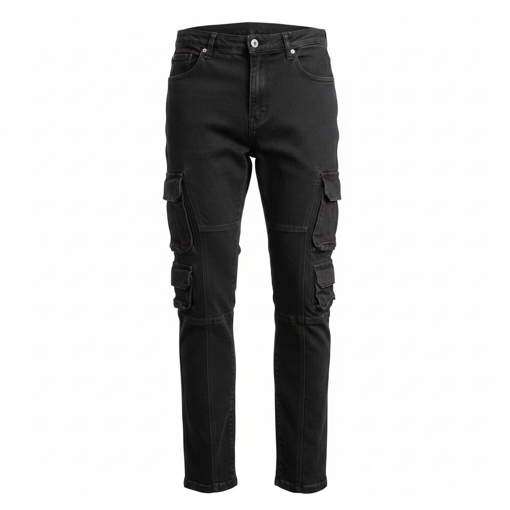 Teen boys' black slim cargo jeans ghost mannequin view on white background