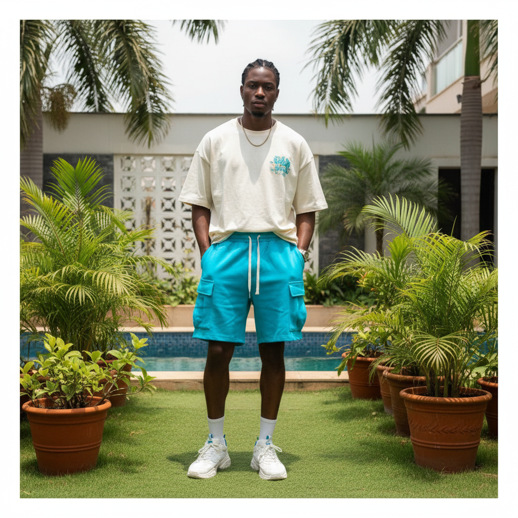 Nigerian male model wearing bright aqua dual cargo pocket sweat shorts — full body streetwear shot