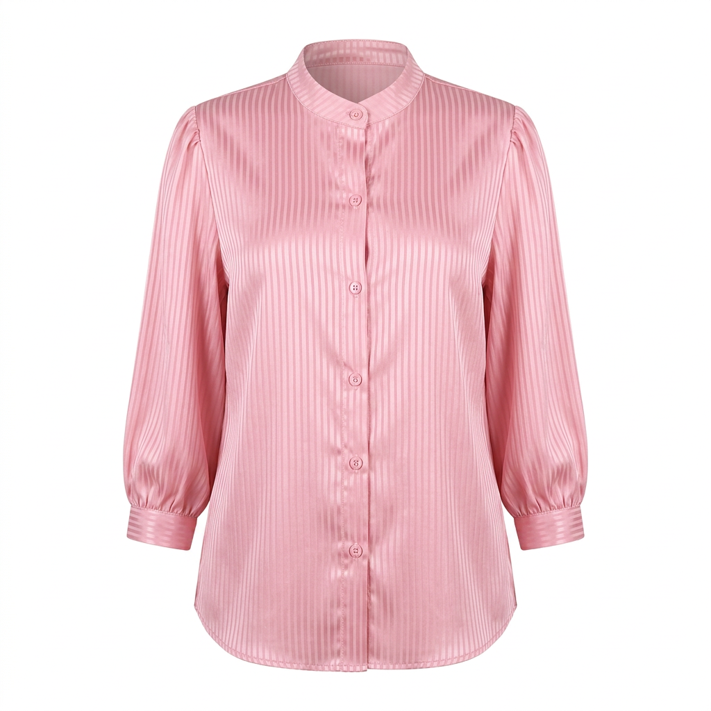 Pink textured band-collar blouse on an invisible mannequin