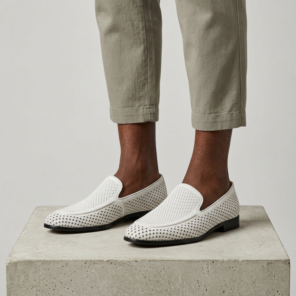 Men's white perforated slip-on loafers worn with relaxed-fit trousers