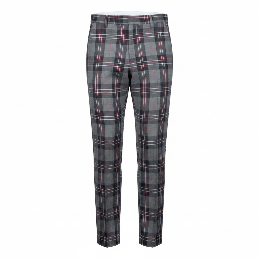 Grey Burgundy Tartan Trousers – Front Ghost Mannequin