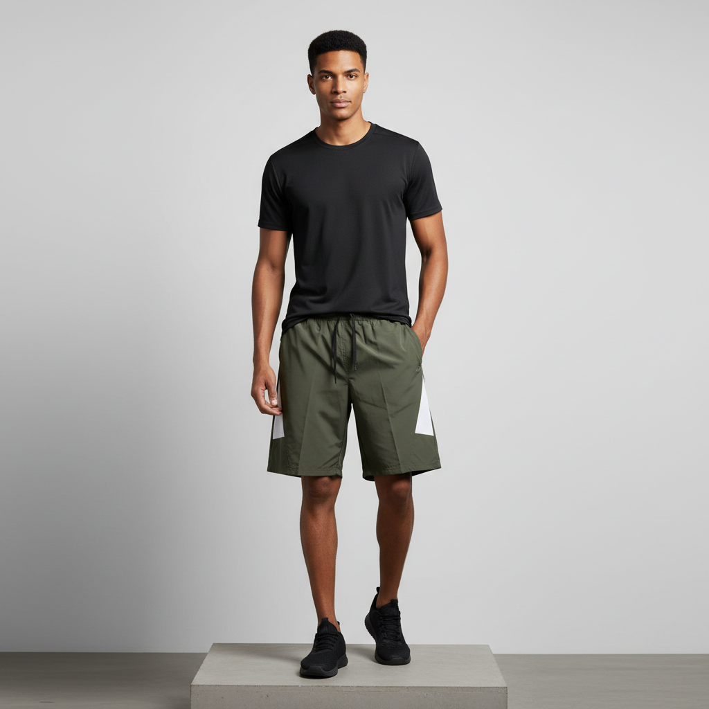 Olive Green Panel Running Shorts - Model Shot