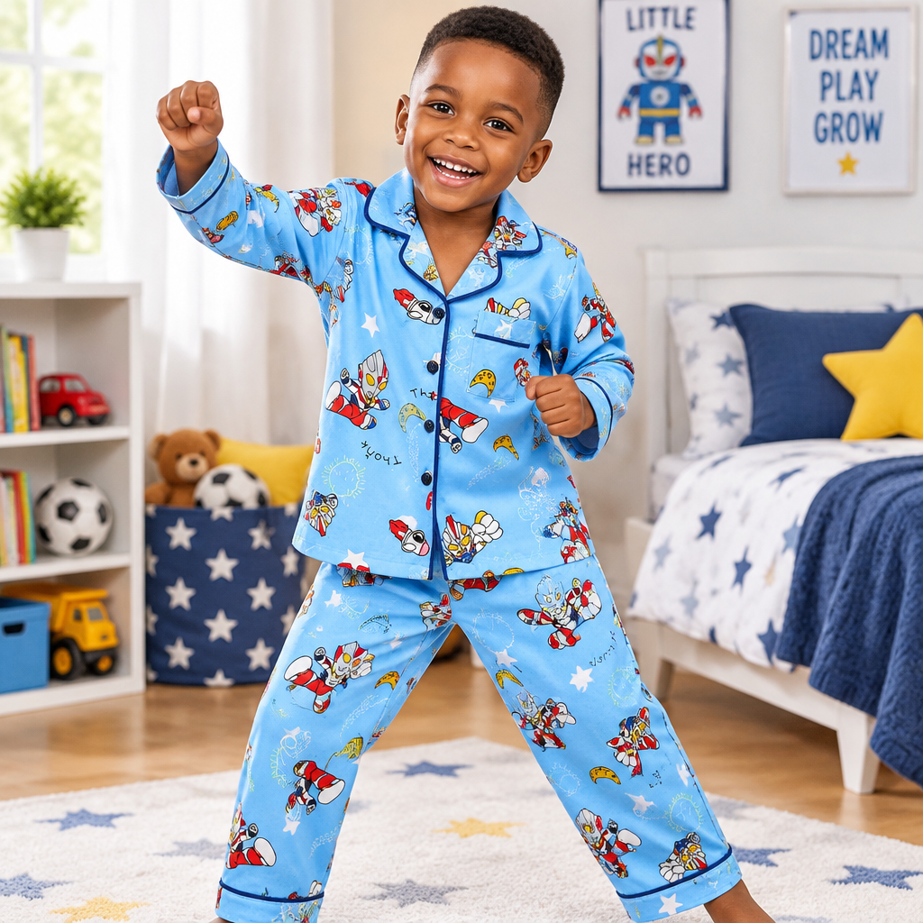Blue Superhero Print 2-in-1 Children's Pyjama Set – Model Shot
