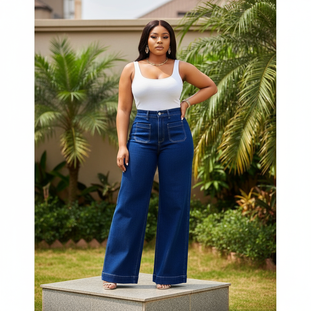Nigerian female model wearing women's navy blue high-waist wide-leg patch pocket denim jeans, garden setting