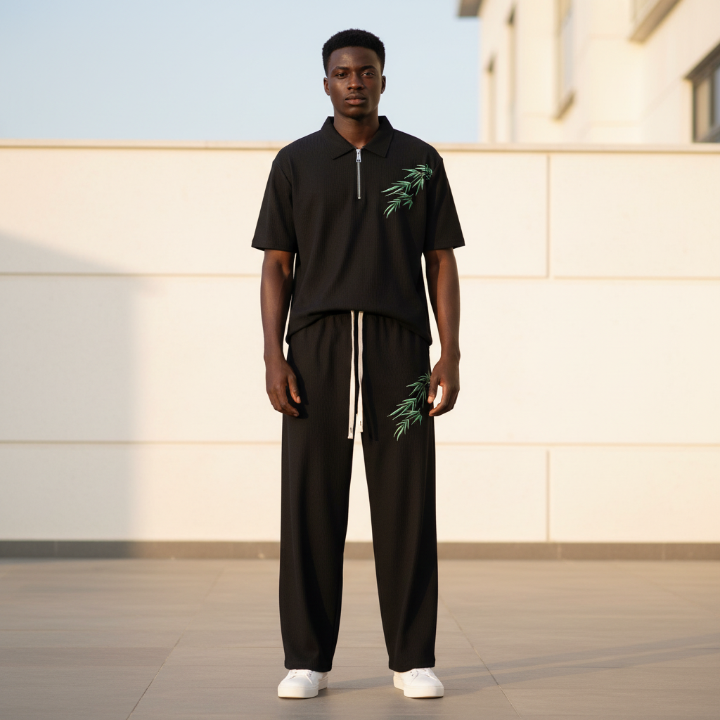 Male model wearing black bamboo leaf ribbed polo and trouser two-piece set