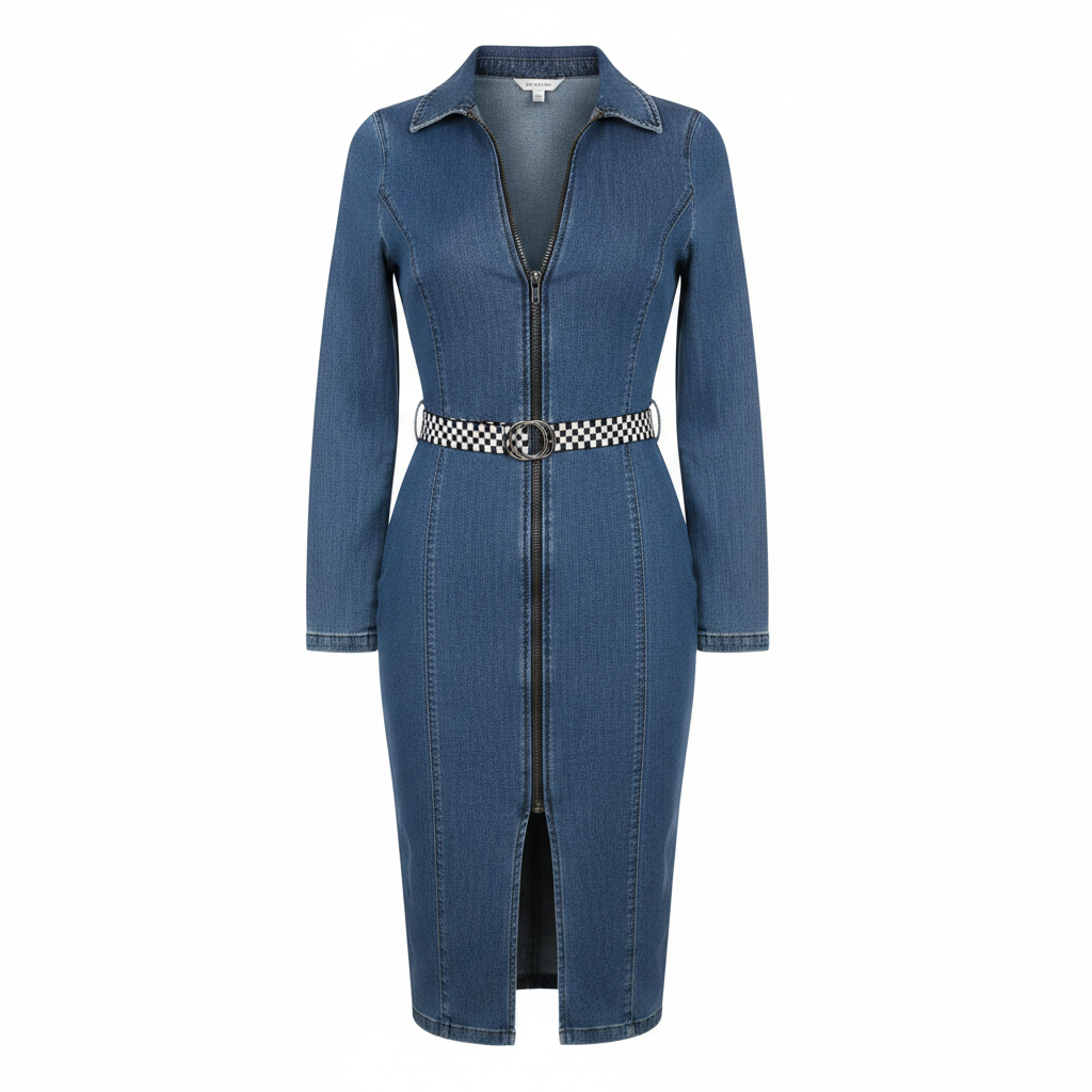 Blue Denim Midi Dress with Belt - Ghost Mannequin Front