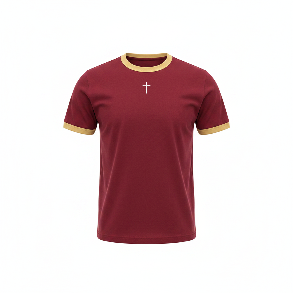 Men's burgundy wine ringer crew-neck t-shirt with gold contrast trim and white cross embroidery, ghost mannequin front view