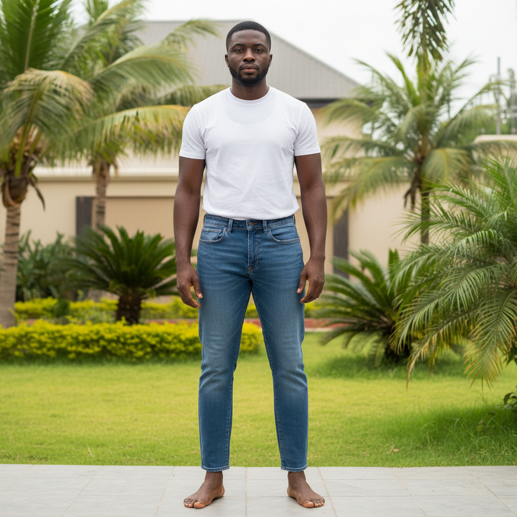 Adult Nigerian male model wearing faded blue wash straight leg denim jeans in garden setting