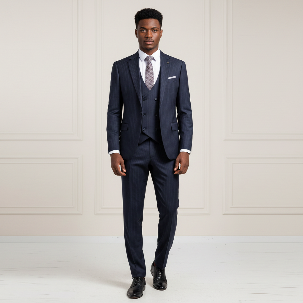 Nigerian male model wearing deep navy pinstripe 3-piece suit