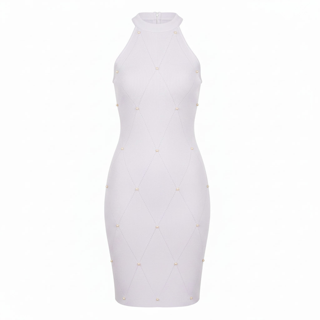Ghost mannequin front view of light lilac pearl stud diamond halter neck midi dress