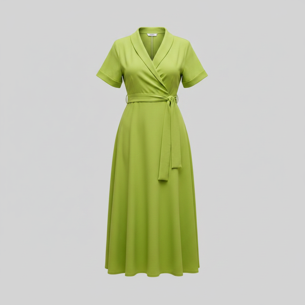 Lime green short sleeve V-neck wrap midi dress on ghost mannequin