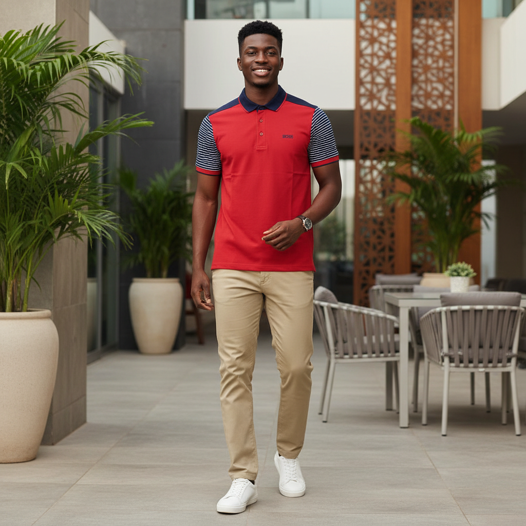 Nigerian male model wearing men's red colour-block polo shirt with navy striped sleeves