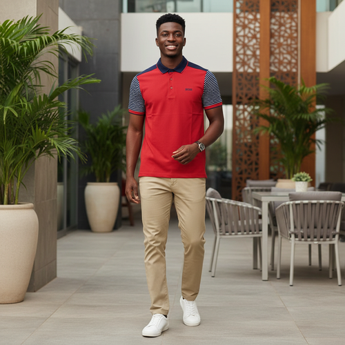 Nigerian male model wearing men's red colour-block polo shirt with navy striped sleeves