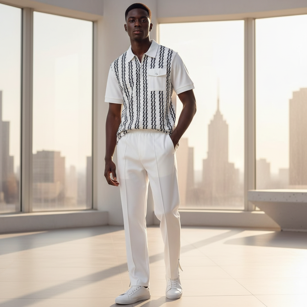 Male model wearing white zigzag stripe polo and trouser two-piece set
