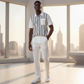 Male model wearing white zigzag stripe polo and trouser two-piece set