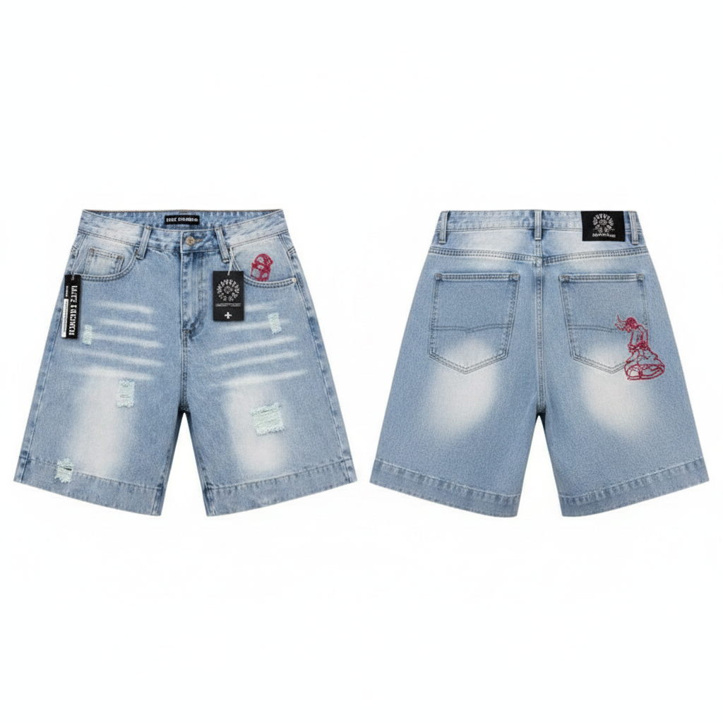 Men's light blue washed pink rose embroidered distressed wide-leg denim shorts ghost mannequin front and back view