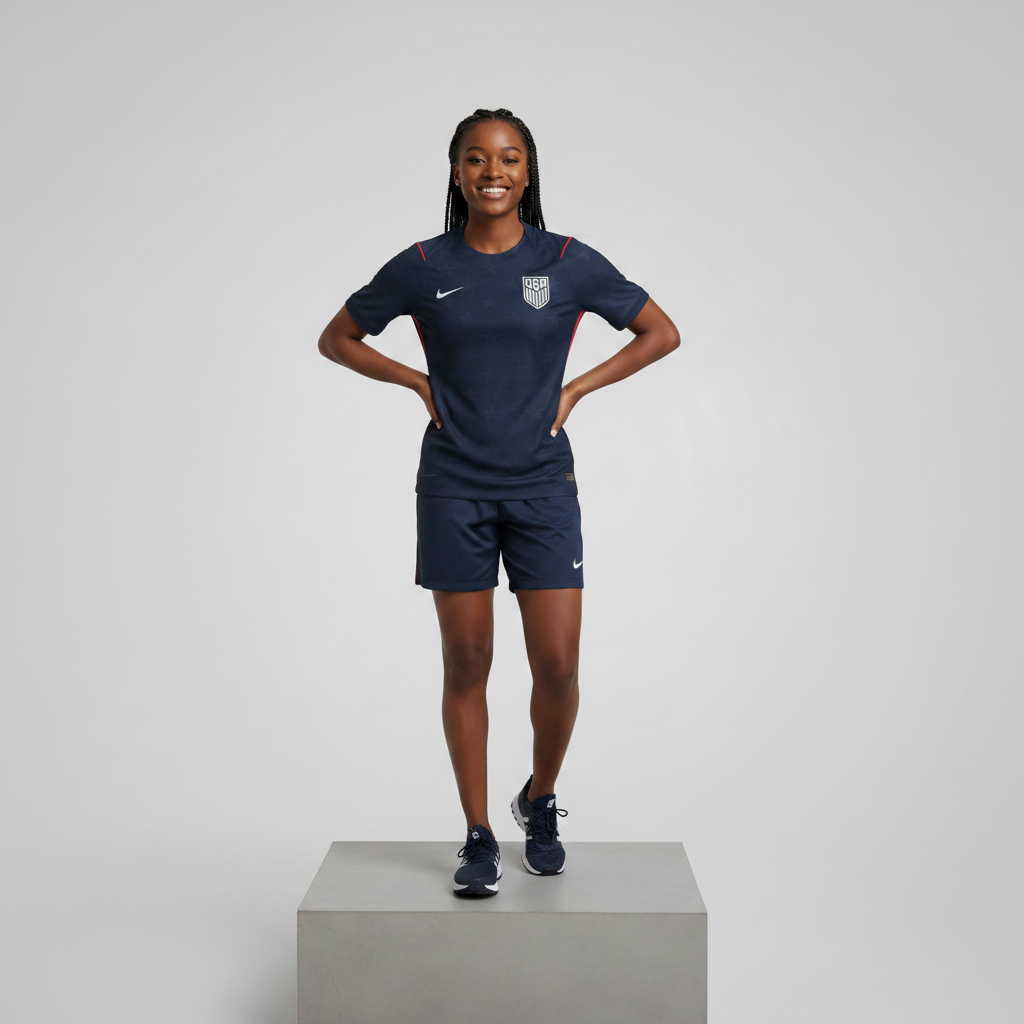 Nigerian female model full body wearing navy red away football jersey with navy shorts on concrete plinth
