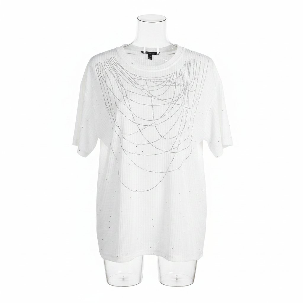 Ghost mannequin front view - white ribbed rhinestone arc graphic top