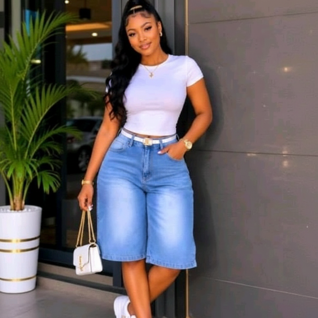 Nigerian female model wearing light blue high-waist denim bermuda shorts in garden setting