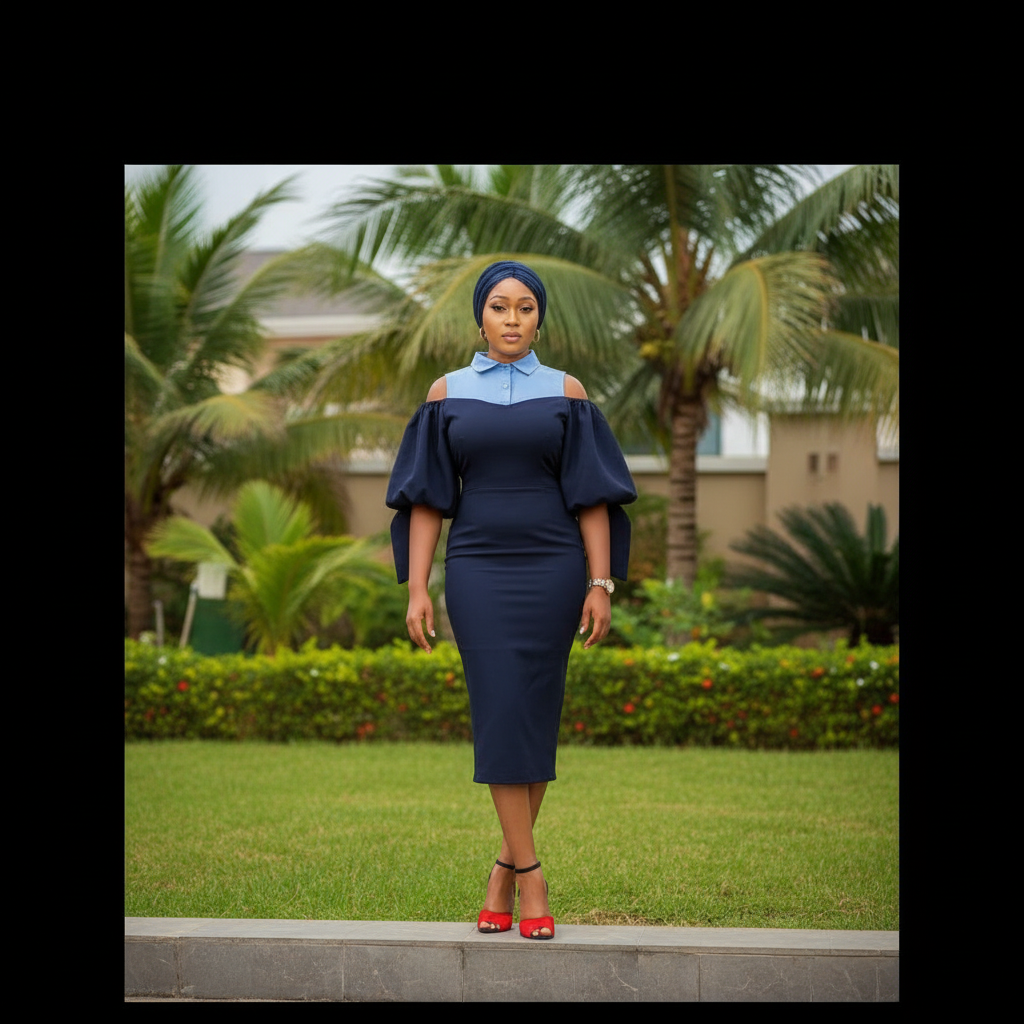 Women's Navy & Sky Blue Cold Shoulder Puff Sleeve Midi Dress – Nigerian Female Model Shot