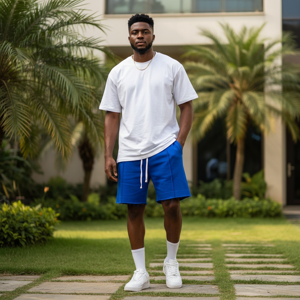 Nigerian male model wearing royal blue plain fleece raw hem drawstring shorts in upscale outdoor setting