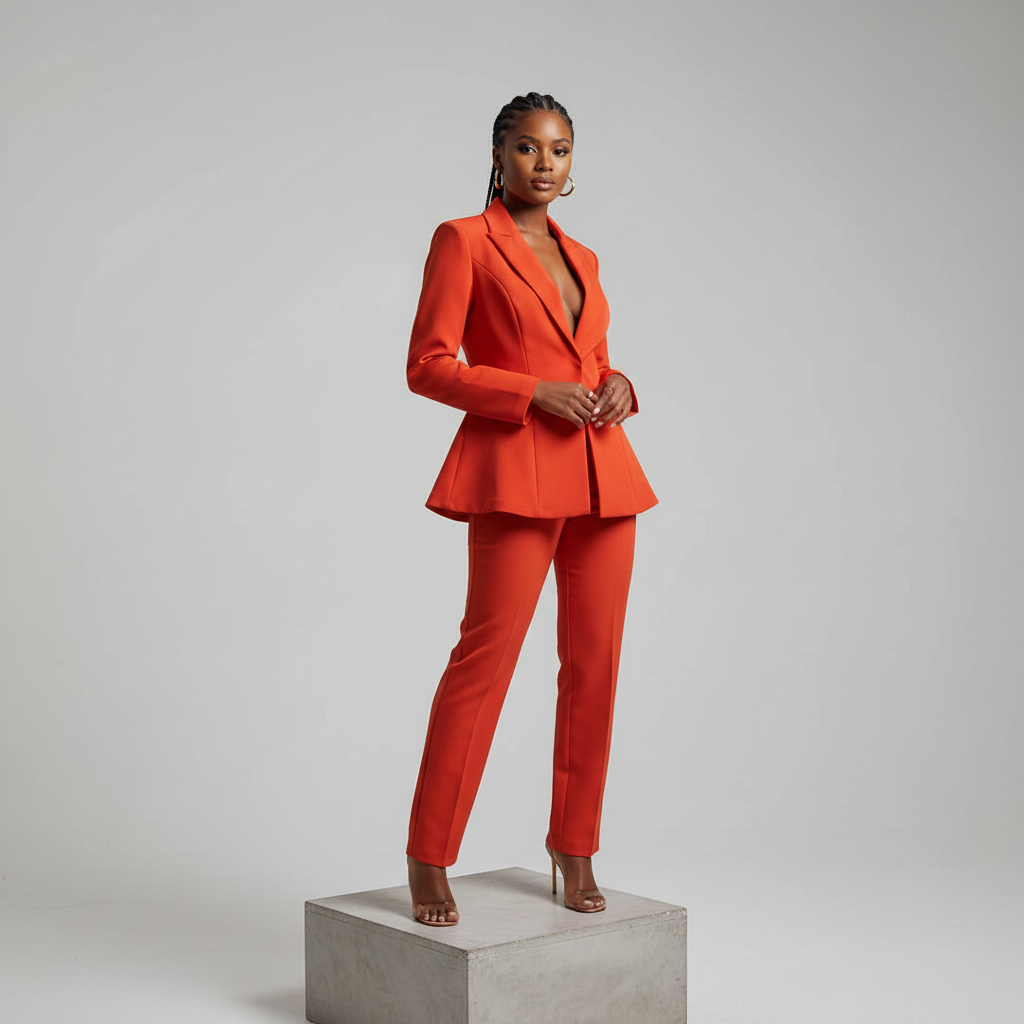 Orange-Red Open-Front Flared Blazer - Model Front