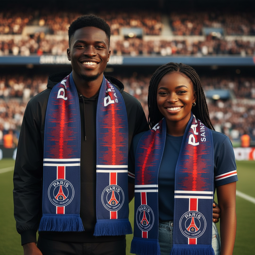 Male and female models wearing navy blue PSG football fan scarf at stadium