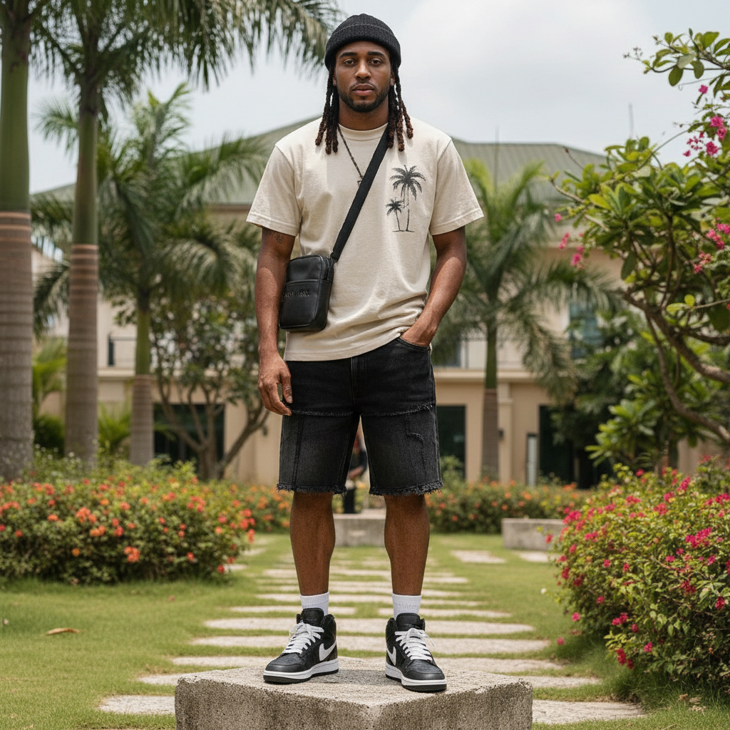 Nigerian male model wearing men's black two-tone colour-block raw hem denim shorts streetwear style