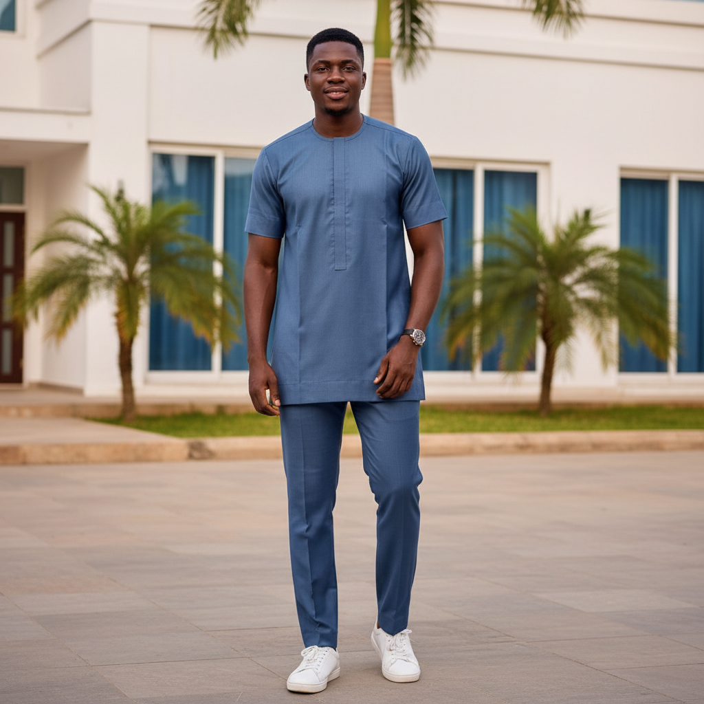 Model wearing slate blue senator set