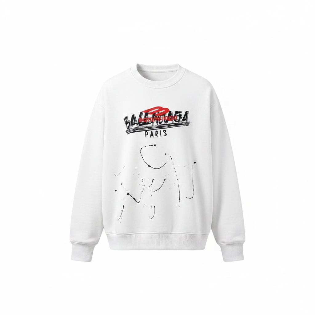 White graphic print crew-neck sweatshirt with ink sketch artwork, ghost mannequin view