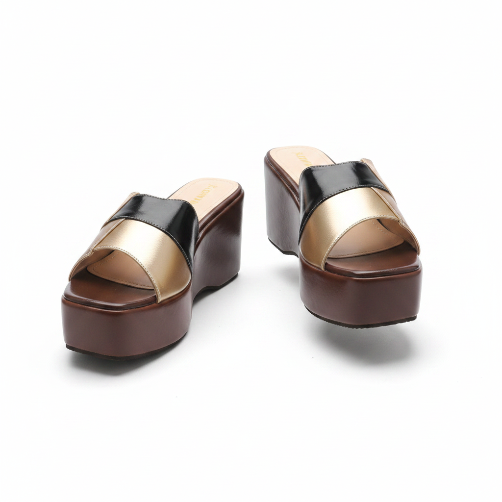 Women's black and gold two-tone colour-block platform wedge slide — ghost mannequin view