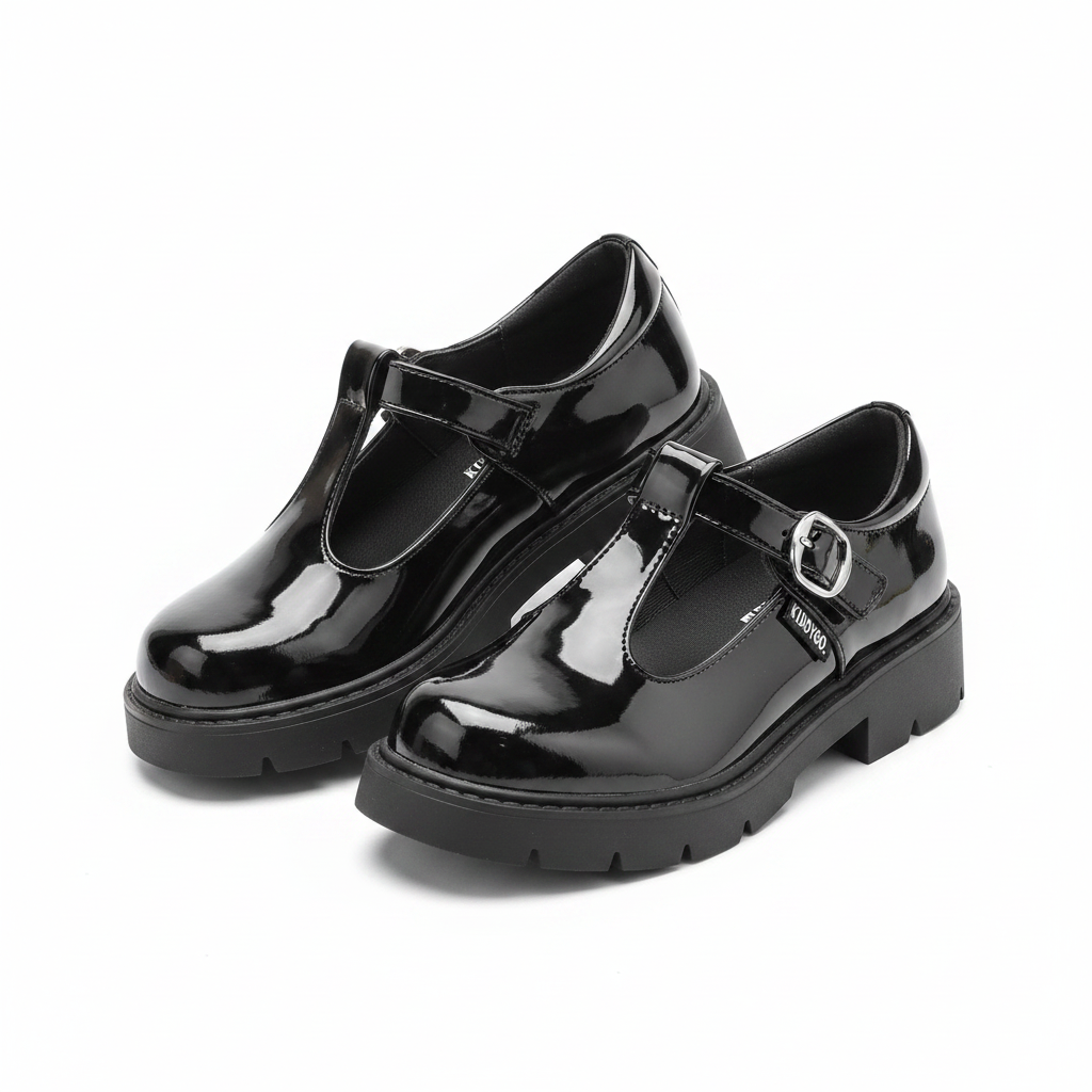 Women's black patent leather Mary Jane lug sole shoes ghost mannequin view